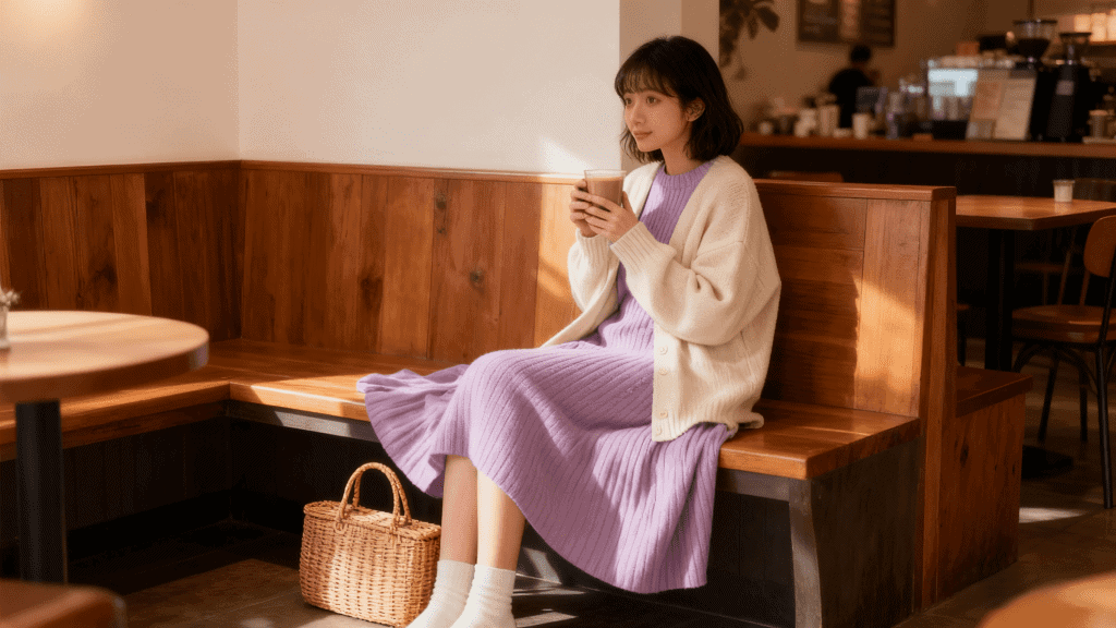 Young woman in lavender ribbed knit dress and cream oversized cardigan, holding a warm drink while sitting in a wooden booth at a café. Soft girl winter style with gentle pastel colors and cozy knit textures.