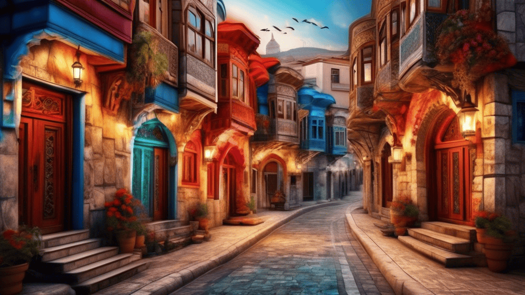 Create an enchanting image of a vibrant Turkish street, with intricate architecture and vibrant colors, evoking the rich history and culture of Turkey.