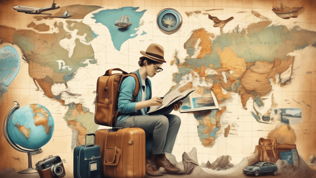 A surreal travel scene with a person surrounded by luggage and travel items, such as a passport, camera, and map. The person is holding a magnifying glass and looking at a travel insurance policy. In
