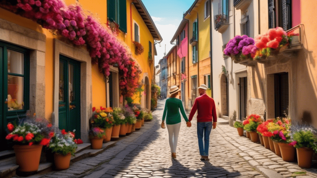 A couple holding hands and walking down a narrow cobblestone street lined with colorful buildings and overflowing flower boxes in a small Italian village