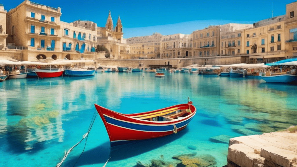 An enchanting scene of a traditional Maltese fishing boat, known as a 'luzzu,' painted in bright colors, floating on the crystal-clear waters of the Blue Lagoon with the historic limestone architectur