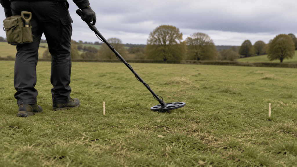 Detectorist sweeping an unbranded metal detector between two small marker pegs on short pasture during a controlled recovery-speed exercise.