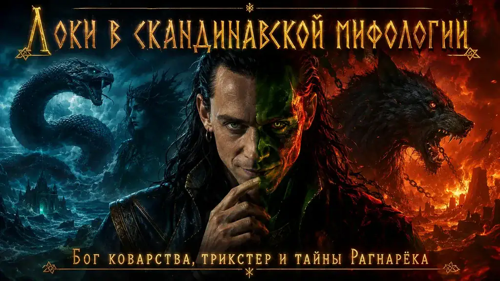 Обложка с двойственным лицом Локи на фоне Йормунганда, Хель и Фенрира с надписью Бог коварства.