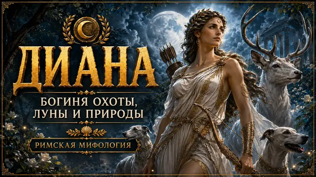 Диана с луком, оленем и охотничьими псами на фоне полной луны, ночного леса и античного храма
