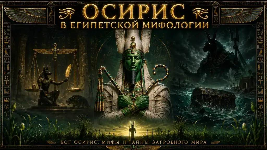 Обложка с Осирисом, Анубисом, весами суда, саркофагом, Нилом и символами загробного мира Египта