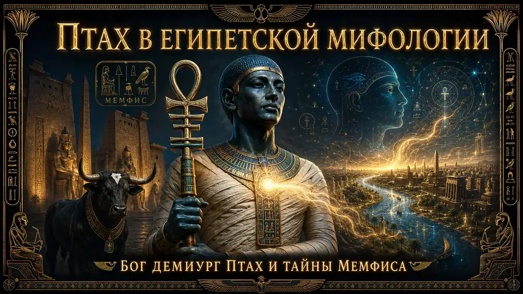 Обложка с богом Птахом, священным быком Аписом, Мемфисом, анхом и сияющей силой творения над Нилом