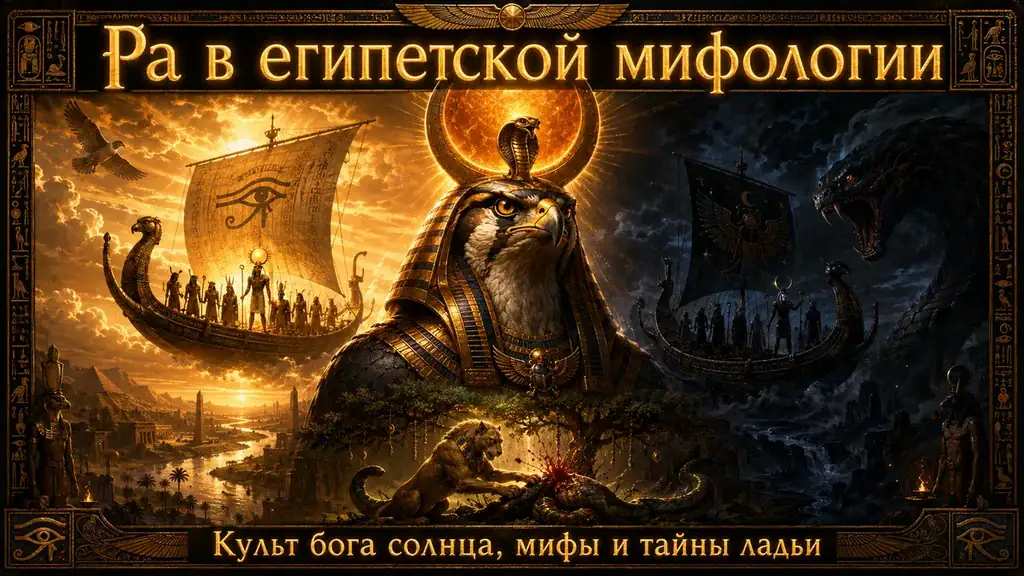 Обложка с Ра, солнечными ладьями, Апопом, Великим Котом, Нилом и золотыми египетскими надписями