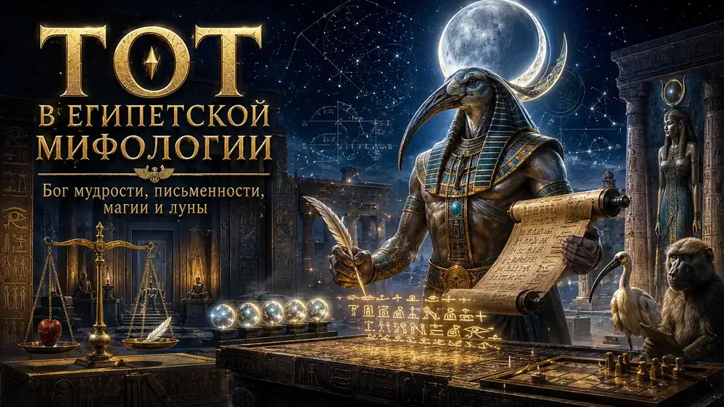 Обложка с богом Тотом, свитком, пером, луной, весами Маат, ибисом и павианом на фоне египетского храма