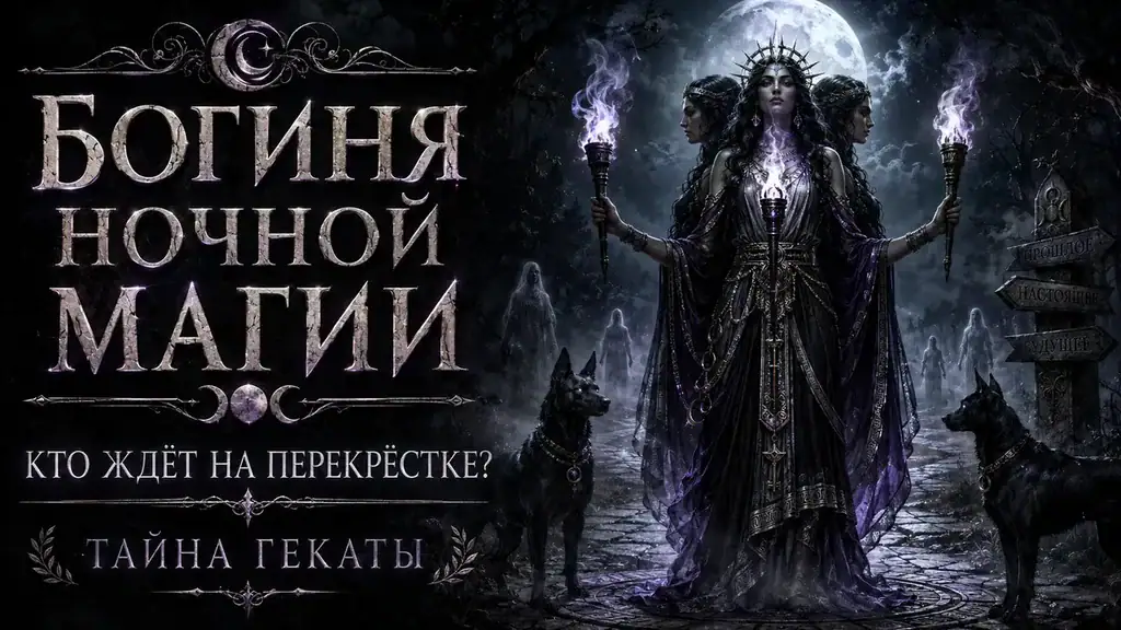 Трёхликая Геката с факелами и чёрными псами на фоне луны и ночного перекрёстка