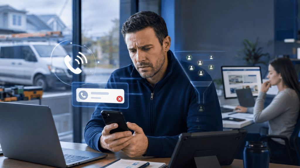 Home service business owner looking at a missed call notification on his phone, representing lost leads and the cost of unanswered customer calls.