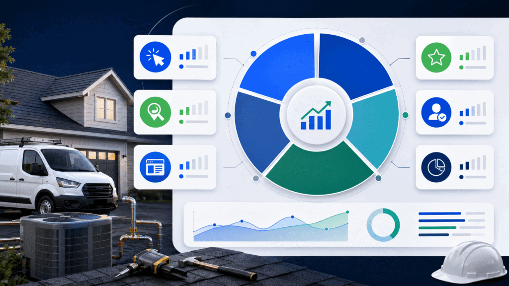 Marketing budget breakdown dashboard showing how HVAC, plumbing, and roofing companies can divide spend across ads, SEO, website conversion, reviews, follow-up, and tracking.