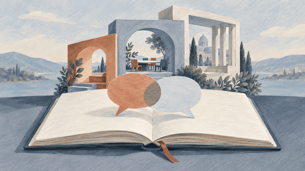 Un livre ouvert, deux bulles de dialogue et trois cadres évoquent l’apprentissage, l’équipe et l’institution.