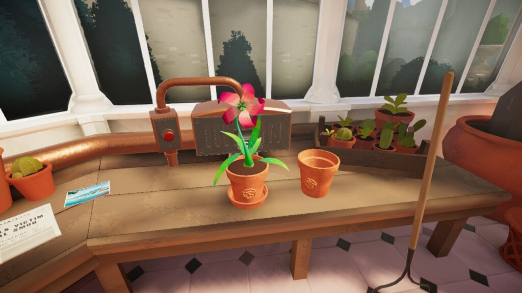 Screenshot from Botany Manor, showing a red flowered plant that has grown in a brown clay pot. It sits on a brown workbench within a large greenhouse that has a tile floors.