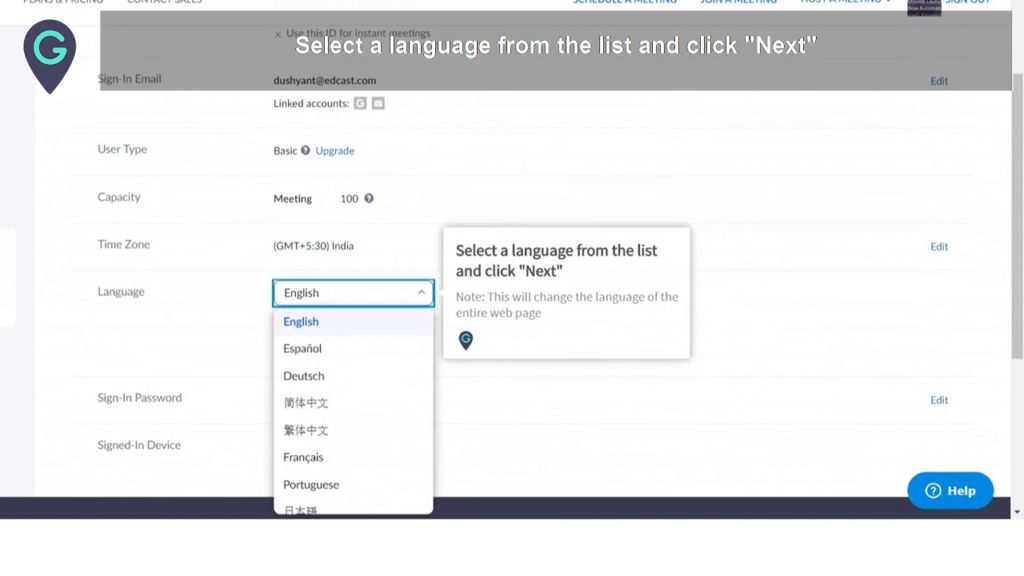 Change Zoom Langauge on Web