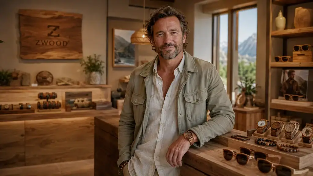 Fondateur de Zwood® dans une boutique élégante présentant des lunettes de soleil, montres et bracelets en bois.
