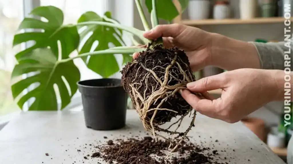Monstera root system being inspected after prolonged wet soil