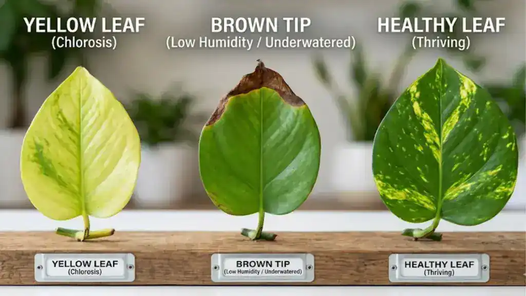 POTHOS yellow leaf vs brown tip vs healthy leaf