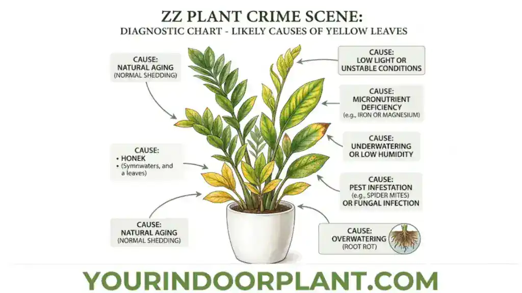 ZZ plant with arrows pointing to different yellowing patterns