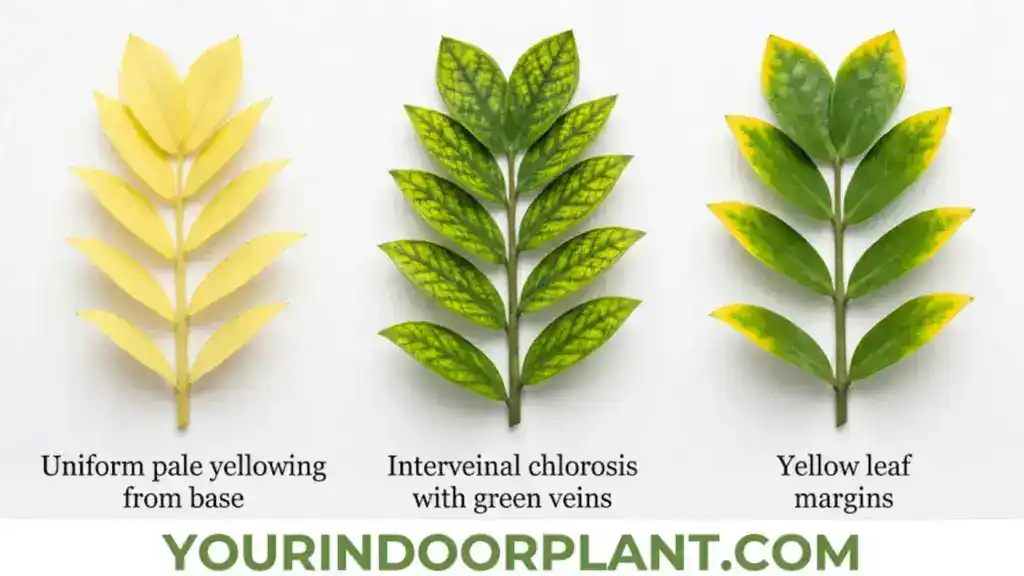 Three ZZ plant leaves showing distinct yellowing patterns