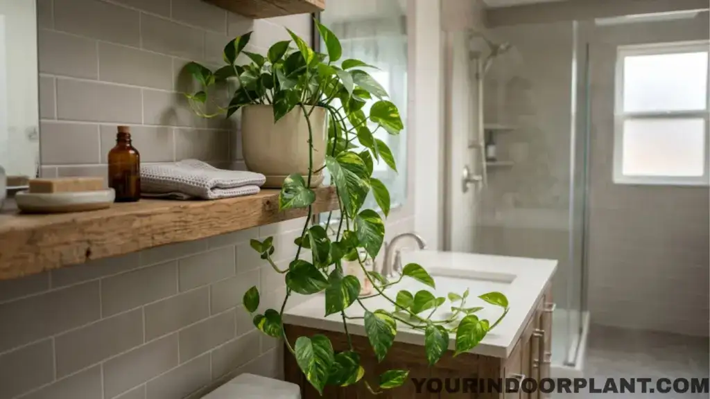 Golden pothos trailing from a bathroom shelf