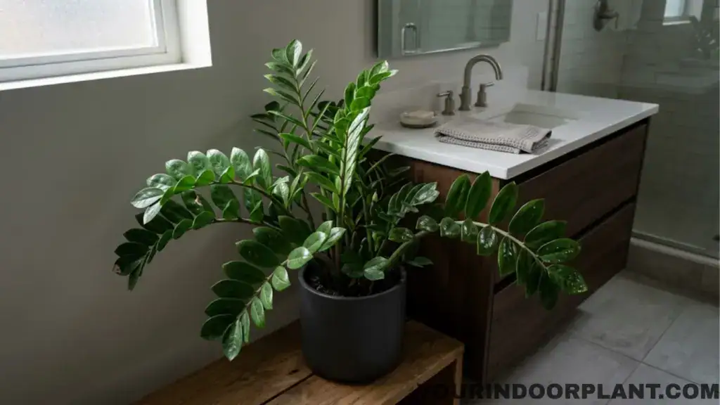 ZZ plant growing in a low-light bathroom
