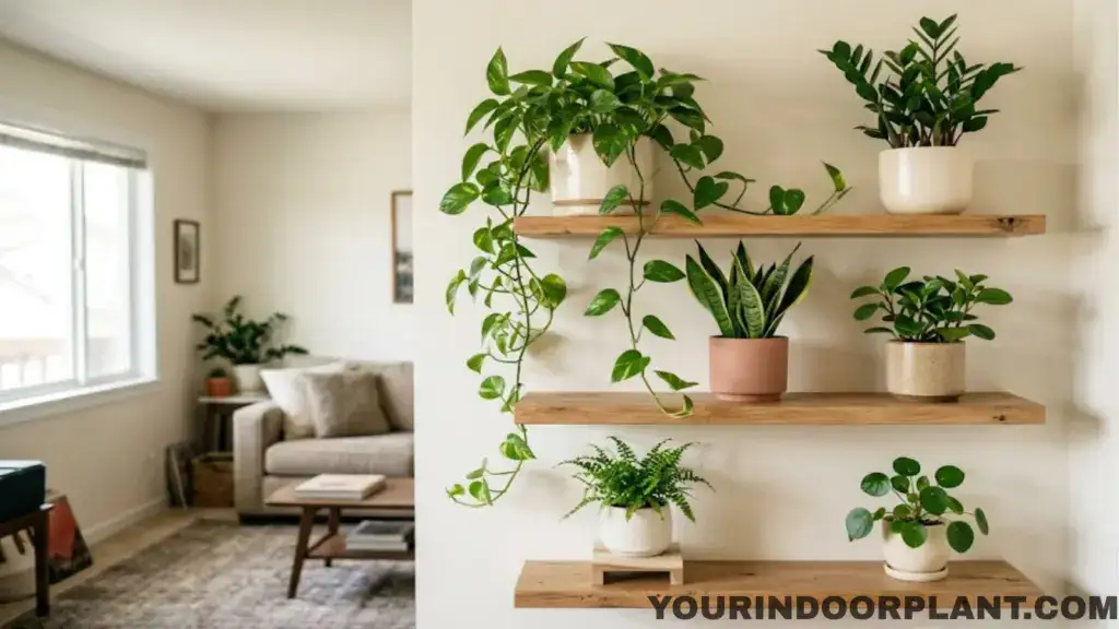 Balanced indoor plant shelf arrangement with varied heights and open space