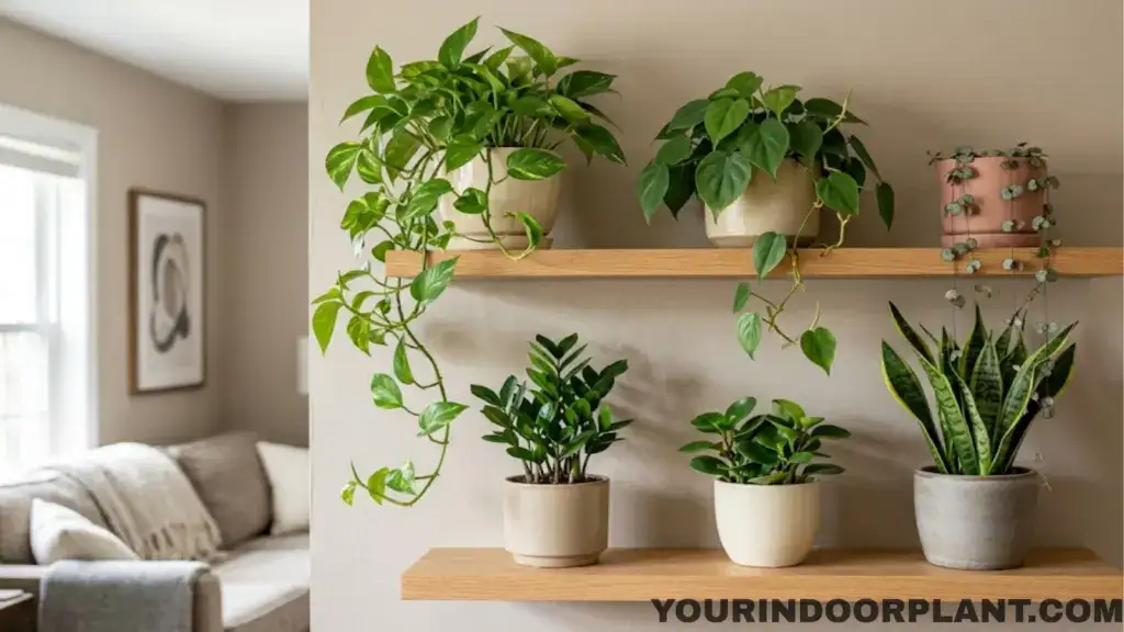 Trailing and upright houseplants arranged on indoor wall shelves