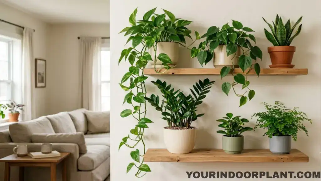 Finished indoor plant wall shelf arrangement with trailing greenery