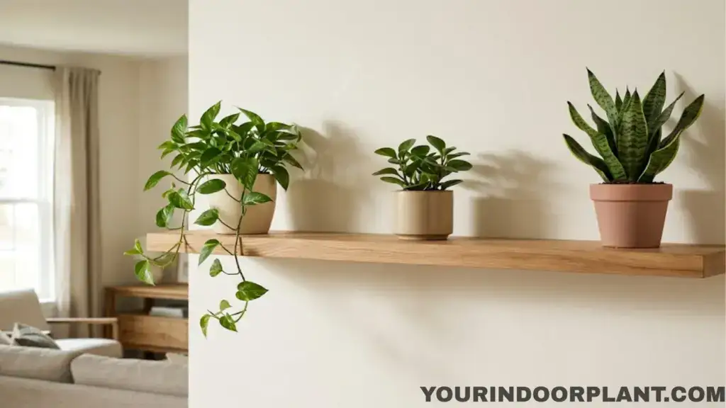 Single long wall shelf styled with trailing and upright indoor plants