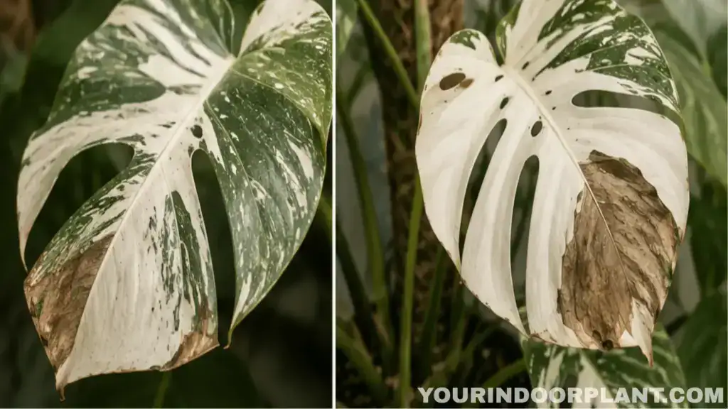 Variegated Monstera with brown damaged tissue on white leaves