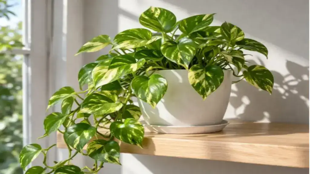 Golden pothos with trailing green and yellow heart-shaped leaves