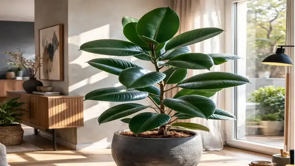 Rubber plant with large glossy green leaves in a living room