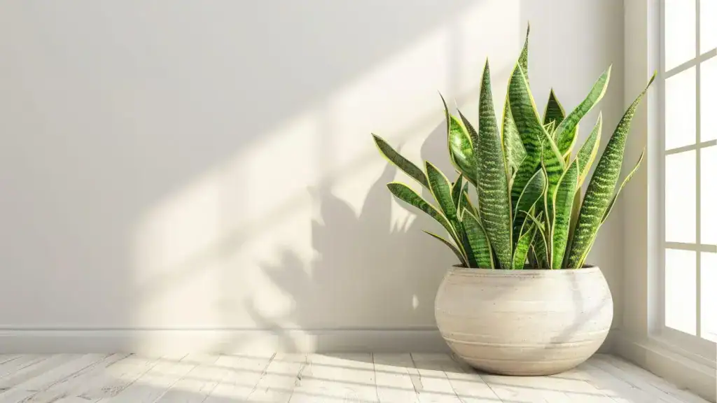 Snake plant with upright green leaves growing in an indoor pot