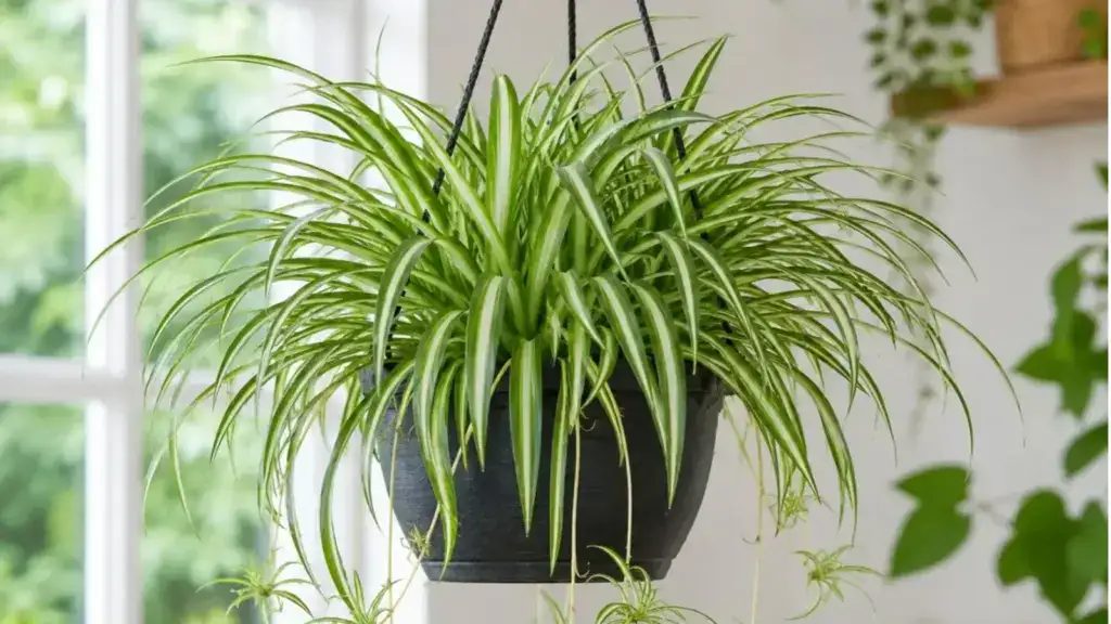 Spider plant with arching striped leaves and hanging plantlets