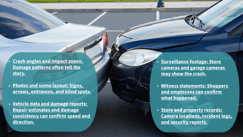 Parking lot accident evidence in Houston showing vehicle damage and impact zones