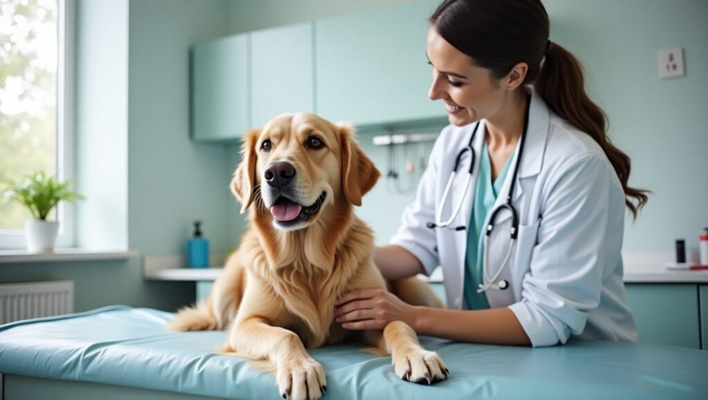 A senior golden retriever being examined by a veterinarian at a modern clinic, representing the best pet insurance for older dogs in 2025.