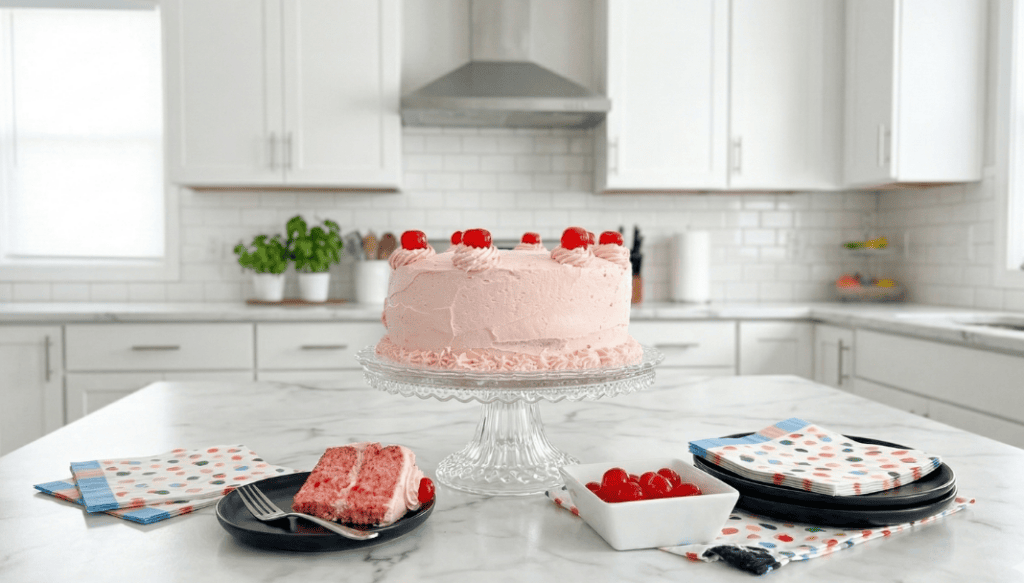 A whole Cherry Chip Cake with pink frosting and maraschino cherries on a glass stand in a bright white kitchen with a slice on a plate and marble countertops.