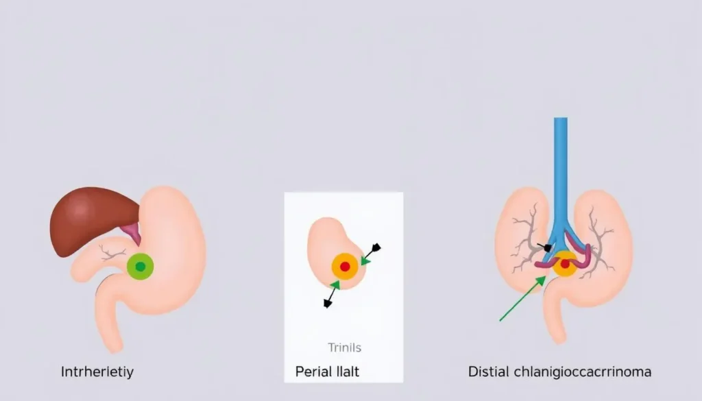 Comparison of the three types of bile duct cancer showing their locations in the biliary system