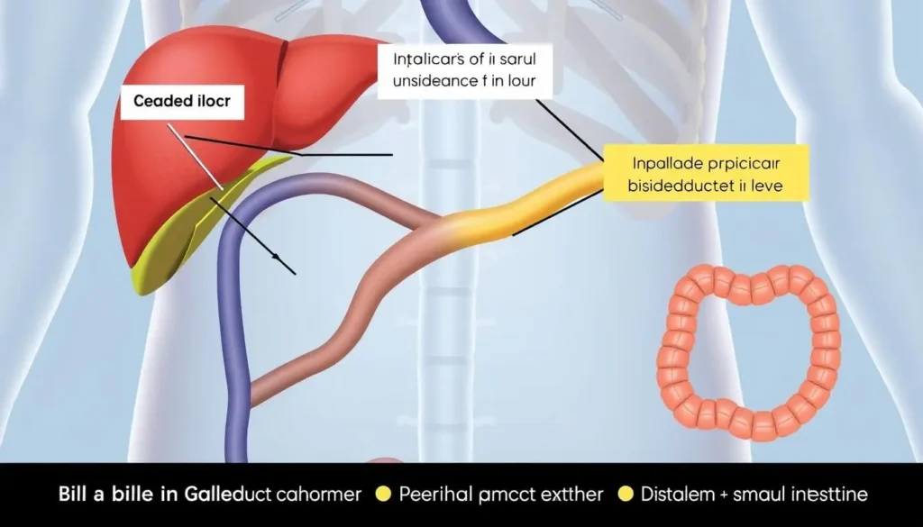 Diagram of the bile duct system showing the liver, gallbladder, and bile ducts with labels indicating where bile duct cancer can form
