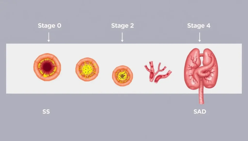 Illustration showing the different stages of bile duct cancer progression