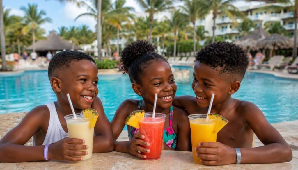 black kids by the pool at an all inclusive resort