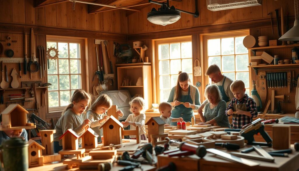 A cozy family workshop in a warm, well-lit room. In the foreground, a group of adults and children collaboratively crafting wooden projects - small birdhouses, shelves, and toys. Sunlight streams in through large windows, casting a soft, golden glow. Hanging tools and materials line the walls, creating an atmosphere of creativity and togetherness. In the background, a workbench overflows with saws, hammers, and other woodworking tools, hinting at the shared making activities. The scene evokes a sense of communal learning, quality time, and the joy of creating something with one's own hands. A cozy family workshop in a warm, well-lit room. In the foreground, a group of adults and children collaboratively crafting wooden projects - small birdhouses, shelves, and toys. Sunlight streams in through large windows, casting a soft, golden glow. Hanging tools and materials line the walls, creating an atmosphere of creativity and togetherness. In the background, a workbench overflows with saws, hammers, and other woodworking tools, hinting at the shared making activities. The scene evokes a sense of communal learning, quality time, and the joy of creating something with one's own hands.
