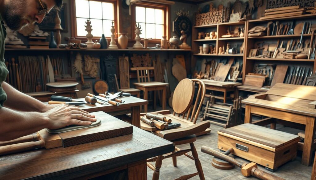 A detailed woodworking restoration workshop, filled with an array of traditional tools and materials. In the foreground, a skilled craftsman carefully sands a vintage wooden chair, their hands expertly gliding over the surface. The middle ground showcases a variety of chisels, hammers, and other specialized instruments neatly arranged on a sturdy workbench. The background reveals intricate wood carvings, half-finished projects, and shelves stocked with an assortment of wood types and finishes, all bathed in the warm glow of natural lighting filtering through large windows. The scene conveys a sense of reverence for the craft, where knowledge, patience, and a deep appreciation for the material are essential elements in the restoration of historical wooden objects. A detailed woodworking restoration workshop, filled with an array of traditional tools and materials. In the foreground, a skilled craftsman carefully sands a vintage wooden chair, their hands expertly gliding over the surface. The middle ground showcases a variety of chisels, hammers, and other specialized instruments neatly arranged on a sturdy workbench. The background reveals intricate wood carvings, half-finished projects, and shelves stocked with an assortment of wood types and finishes, all bathed in the warm glow of natural lighting filtering through large windows. The scene conveys a sense of reverence for the craft, where knowledge, patience, and a deep appreciation for the material are essential elements in the restoration of historical wooden objects.