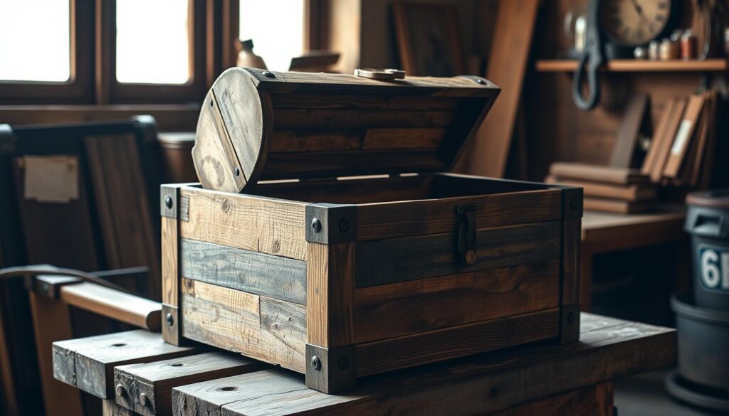 A rustic wooden treasure chest, weathered and worn with age, sits atop a sturdy workbench. The rich, earthy tones of the distressed wood are accentuated by soft, natural lighting that filters in through a nearby window, casting gentle shadows that enhance the intricate details of the handcrafted design. The chest's lid is slightly ajar, revealing a glimpse of the hidden contents within, inviting the viewer to imagine the stories and treasures it might hold. The scene exudes a sense of warmth, nostalgia, and the simple pleasures of crafting with one's own hands. A rustic wooden treasure chest, weathered and worn with age, sits atop a sturdy workbench. The rich, earthy tones of the distressed wood are accentuated by soft, natural lighting that filters in through a nearby window, casting gentle shadows that enhance the intricate details of the handcrafted design. The chest's lid is slightly ajar, revealing a glimpse of the hidden contents within, inviting the viewer to imagine the stories and treasures it might hold. The scene exudes a sense of warmth, nostalgia, and the simple pleasures of crafting with one's own hands.