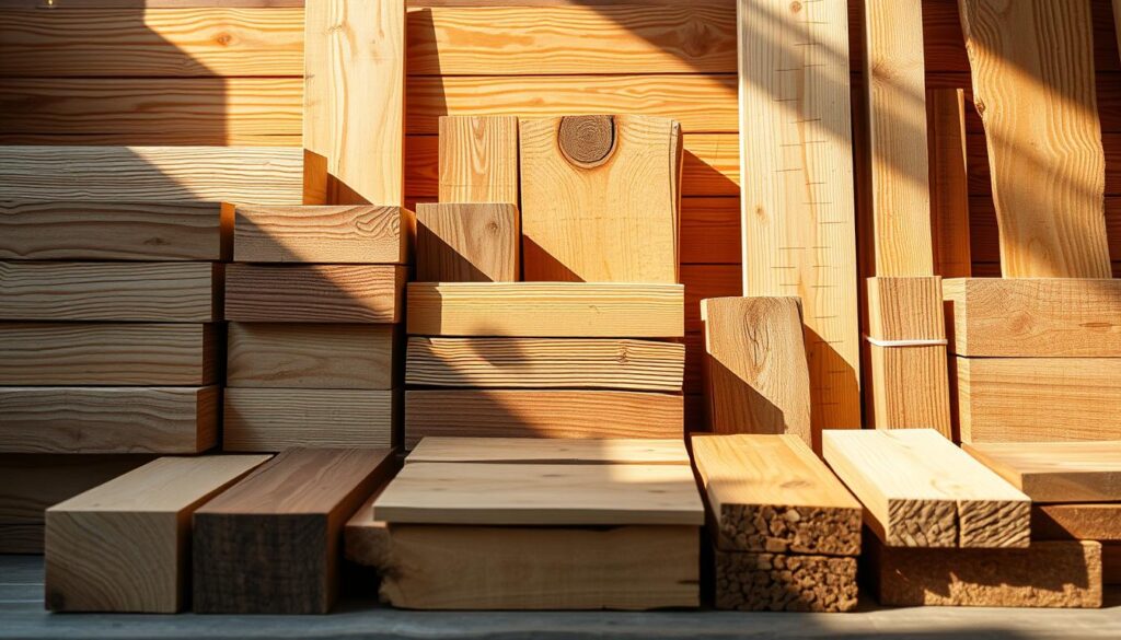 A well-lit, detailed image of an arrangement of various wooden boards and planks, showcasing the different types of wood suitable for building a raised garden bed (Hochbeet). The foreground features a selection of wood samples, including oak, cedar, pine, and douglas fir, arranged in an organized, visually-appealing manner. The middle ground depicts the textural qualities and grain patterns of the wood, while the background provides a clean, neutral setting to highlight the materials. The lighting is natural and warm, casting subtle shadows that accentuate the depth and dimensions of the wooden pieces. The overall mood is one of informative simplicity, inviting the viewer to closely examine the properties and characteristics of the wood options for their own Hochbeet construction project. A well-lit, detailed image of an arrangement of various wooden boards and planks, showcasing the different types of wood suitable for building a raised garden bed (Hochbeet). The foreground features a selection of wood samples, including oak, cedar, pine, and douglas fir, arranged in an organized, visually-appealing manner. The middle ground depicts the textural qualities and grain patterns of the wood, while the background provides a clean, neutral setting to highlight the materials. The lighting is natural and warm, casting subtle shadows that accentuate the depth and dimensions of the wooden pieces. The overall mood is one of informative simplicity, inviting the viewer to closely examine the properties and characteristics of the wood options for their own Hochbeet construction project.