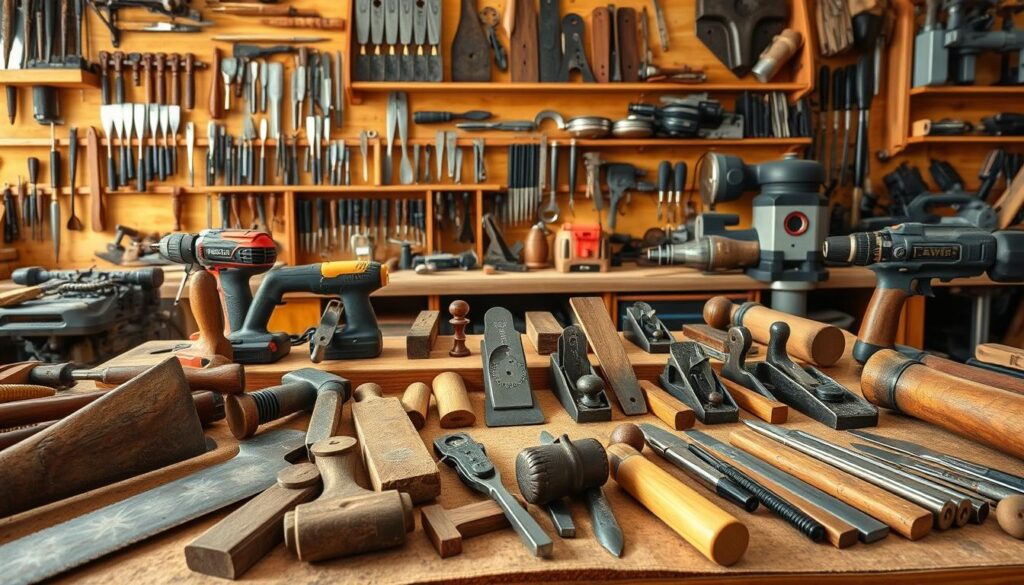 A workshop scene showcasing a harmonious blend of traditional and modern woodworking tools. In the foreground, a well-worn chisel, a handsaw with a weathered wooden handle, and a sturdy hammer sit alongside sleek electric sanders, cordless drills, and a precision router. In the middle ground, a workbench displays a variety of chisels, planes, and files, their metallic surfaces gleaming under the warm, natural lighting. In the background, shelves hold an assortment of specialty tools, from vintage hand planes to state-of-the-art CNC machines, all contributing to the rich tapestry of woodworking history and innovation. The scene radiates a sense of timeless craftsmanship, where the enduring traditions of the past harmonize with the technological advancements of the present, creating a captivating visual representation of the evolution of woodworking tools. A workshop scene showcasing a harmonious blend of traditional and modern woodworking tools. In the foreground, a well-worn chisel, a handsaw with a weathered wooden handle, and a sturdy hammer sit alongside sleek electric sanders, cordless drills, and a precision router. In the middle ground, a workbench displays a variety of chisels, planes, and files, their metallic surfaces gleaming under the warm, natural lighting. In the background, shelves hold an assortment of specialty tools, from vintage hand planes to state-of-the-art CNC machines, all contributing to the rich tapestry of woodworking history and innovation. The scene radiates a sense of timeless craftsmanship, where the enduring traditions of the past harmonize with the technological advancements of the present, creating a captivating visual representation of the evolution of woodworking tools.
