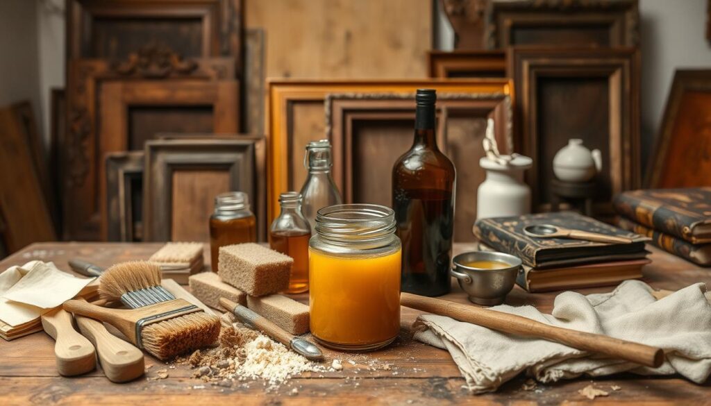 A workshop table filled with historical surface treatment materials and tools. In the foreground, a selection of brushes, natural sponges, and cloth rags. In the middle ground, an open jar of amber-colored shellac, a bottle of linseed oil, and a small pot of beeswax. The background features a collection of salvaged wood panels, old varnished frames, and a worn leather-bound book. Soft, diffused lighting creates a warm, inviting atmosphere, highlighting the textures and colors of the antique materials. A sense of craftsmanship and preservation pervades the scene, reflecting the skill and care required for historical surface restoration. A workshop table filled with historical surface treatment materials and tools. In the foreground, a selection of brushes, natural sponges, and cloth rags. In the middle ground, an open jar of amber-colored shellac, a bottle of linseed oil, and a small pot of beeswax. The background features a collection of salvaged wood panels, old varnished frames, and a worn leather-bound book. Soft, diffused lighting creates a warm, inviting atmosphere, highlighting the textures and colors of the antique materials. A sense of craftsmanship and preservation pervades the scene, reflecting the skill and care required for historical surface restoration.