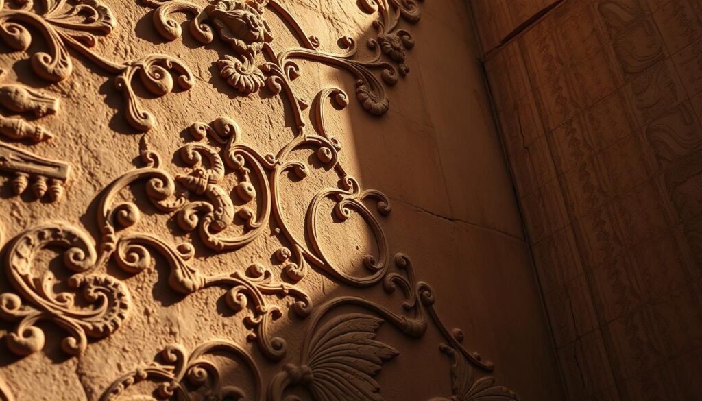 Detailed intricate relief structures adorning ancient walls, showcasing exquisite craftsmanship. Undulating patterns and organic textures etched into the plaster, casting dramatic shadows and highlights. Ornate designs with a timeless, tactile quality, evoking a sense of history and human touch. Warm, muted tones with a slight patina, illuminated by soft, directional lighting that accentuates the depth and dimensionality of the relief. Captured from a low angle to emphasize the architectural scale and majestic presence of these decorative surface techniques. An atmosphere of reverence and appreciation for the skilled artistry of the past. Detailed intricate relief structures adorning ancient walls, showcasing exquisite craftsmanship. Undulating patterns and organic textures etched into the plaster, casting dramatic shadows and highlights. Ornate designs with a timeless, tactile quality, evoking a sense of history and human touch. Warm, muted tones with a slight patina, illuminated by soft, directional lighting that accentuates the depth and dimensionality of the relief. Captured from a low angle to emphasize the architectural scale and majestic presence of these decorative surface techniques. An atmosphere of reverence and appreciation for the skilled artistry of the past.