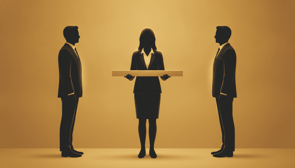 Vor einer warm goldenen Wand hält eine dunkle Silhouette in Geschäftskleidung in der Bildmitte einen schmalen goldenen Balken waagerecht mit beiden Händen, während links und rechts mit deutlichem Abstand je eine weitere Silhouette im Profil steht, die der Balken nicht erreicht.