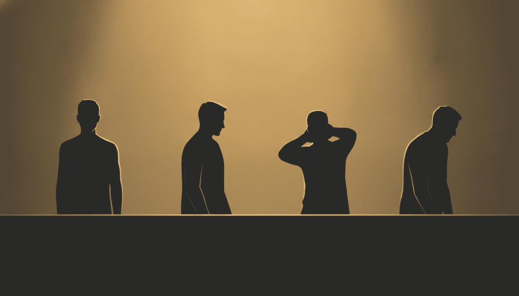Vier Silhouetten derselben Person hinter einer Theke in warmem goldenem Licht: Von links nach rechts wird die Körperhaltung zunehmend angespannter, bis zur vierten, sichtlich erschöpft wirkenden Figur.